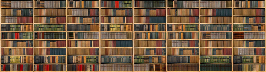 Stacks of many books on a shelfs. Concept of library, reading, old classic literature, student education. Books pattern background