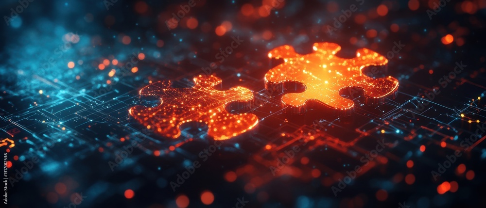 Poster glowing puzzle pieces on a futuristic circuit board representing connection and artificial intellige