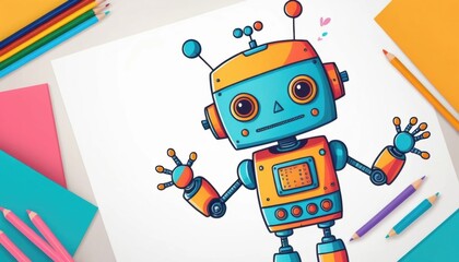 Colorful Cartoon Robot Illustration on a White Background with Art Supplies and Creativity Elements