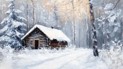 Naklejka premium Professional Oil Painted Hut in Winter Forest Image for Creative Projects
