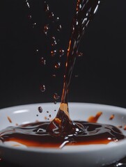 Liquid chocolate pouring into a white bowl, droplets splashing against a dark backdrop