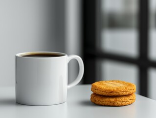Still Life Photo Featuring Coffee in a White Mug and a Stack of Two Round Cookies on a Tabletop