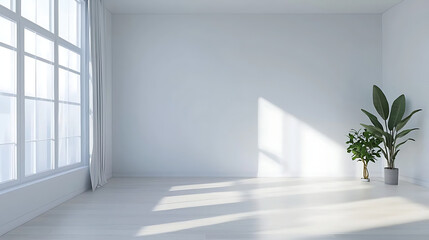 Fototapeta premium A large, empty room with a window and a potted plant