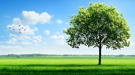 Fototapeta premium Single Green Tree in a Lush Field Under a Sunny Sky