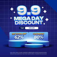 9.9 Mega Shopping day Sale discount deals Soft dynamic dark Blue gradient Editable text effect grid style background with Podium Showcase Stage Promotional banner flyer Template