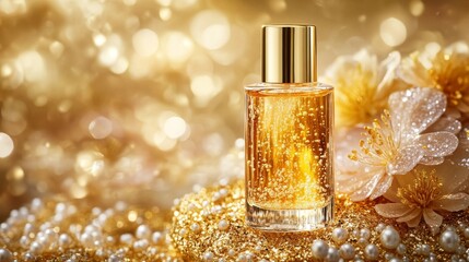 Gold Perfume Bottle on Sparkling Background