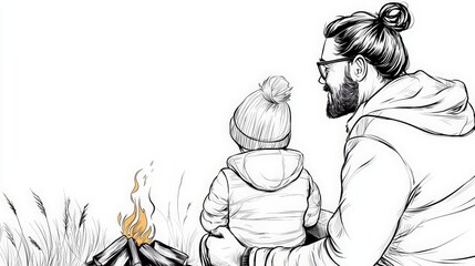 Line art of a father and child sitting by a campfire, Father's Day concept, soft and flowing lines, focus on warmth and bonding, monochrome