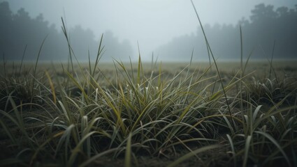 Dewy Grass Emerging Through Misty Fog in a Serene Natural Landscape at Dawn