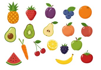 Colorful cartoon fruits, vibrant vector illustrations, flat design, pineapple, strawberry, plum, orange, blueberries, kiwi, avocado, pear, peach, apple, lemon