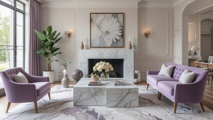 Elegant Living Room Featuring Purple Sofas and Marble Fireplace with Floral Arrangement and Artwork