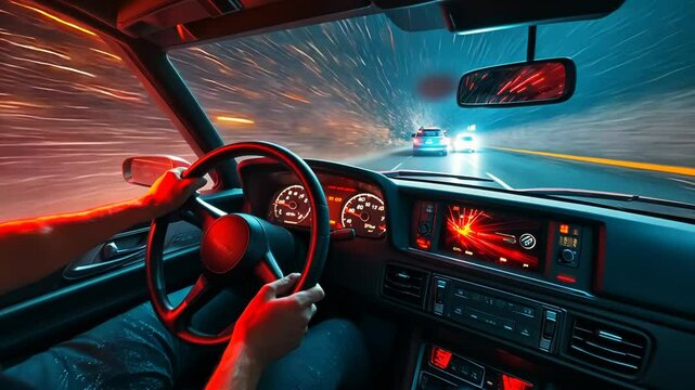 High-speed car chase perspective with first person view in a neon-lit urban environment