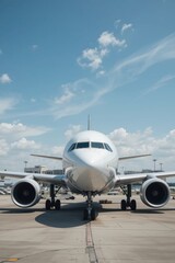 Front View of a Modern Airplane on the Tarmac under a Clear Blue Sky with Fluffy Clouds