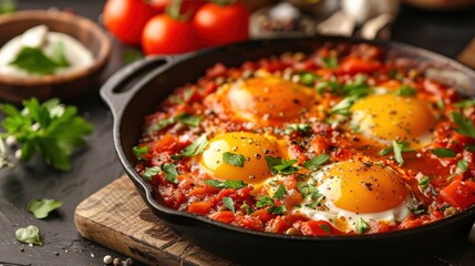 Fototapeta premium Freshly Made Shakshuka with Eggs, Tomatoes, Herbs in a Cast Iron Pan on Rustic Wooden Table