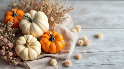 Pastel pumpkins and delicate pink florals rest on a soft cloth against white wooden planks, creating a gentle