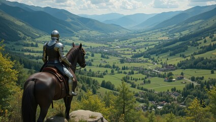 Knight in Shining Armor on Horseback Overlooking Lush Green Valley and Mountainscape