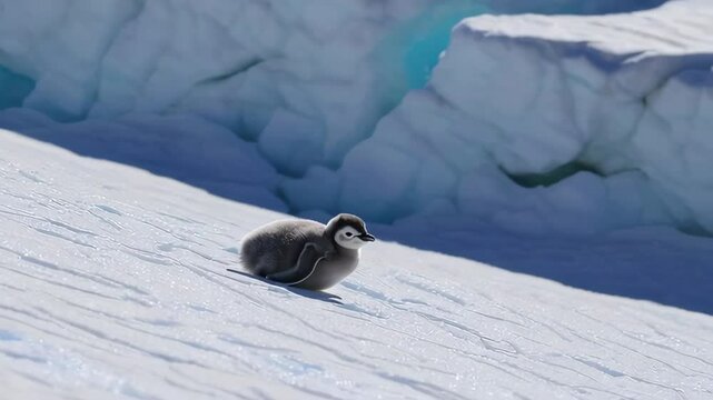 Emperor penguin chick sliding down a snowy slope near crevasse