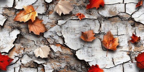 Autumn Leaves on Cracked White Background, Natural Texture in Warm Hues, Seasonal Change, Rustic Decor, Detail of Changing Seasons, Nature Inspired Design