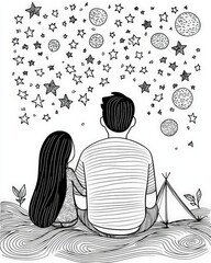 Line art of a father and child camping under the stars, Father's Day theme, soft and flowing lines, focus on adventure and bonding, minimalist style