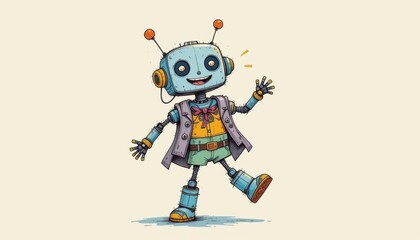 Playful Cartoon Robot Character Waving Cheerfully with Colorful Outfit and Headphones