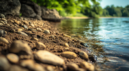 Fototapeta premium A serene landscape features smooth rocks along the water's edge, capturing the calmness of the lakeside during sunlight