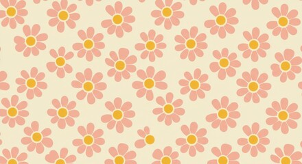 Floral pattern, pastel colors, pink and yellow flowers, retro style, seamless background, daisy shapes, soft texture, vintage wallpaper design, cheerful mood, spring theme