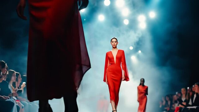 Professional model strutting runway at exclusive fashion event, sleek red gown highlighting elegant silhouette against shadowy dramatic stage lighting