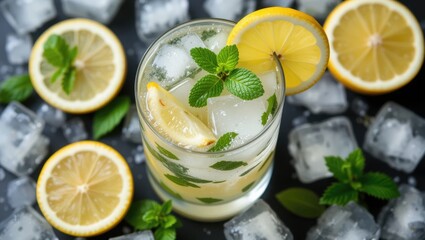 Refreshing Lemon Mint Cocktail Served Over Ice with Lemon Slices and Mint Leaves on Dark Background