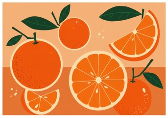 Stylized oranges illustration, vibrant orange fruits, green leaves, minimalist design, retro color palette, geometric shapes, citrus slices, textured background, flat art style