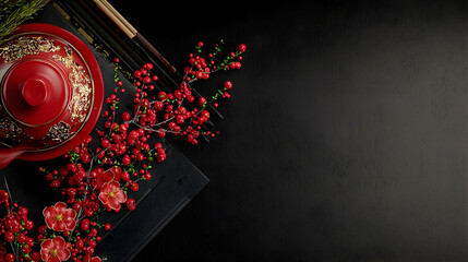 Beautiful red ceramic teapot with ornate floral design and vibrant berries