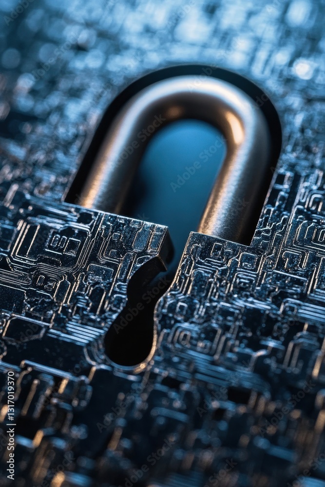 Poster cyber security concept padlock on circuit board background with a macro lens and a shallow depth of 