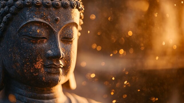 Serene buddha statue with golden light and particles - Powered by Adobe