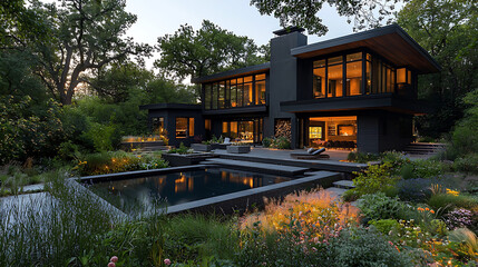 Modern house at dusk surrounded by lush gardens and a reflecting pool Warm interior lights glow.