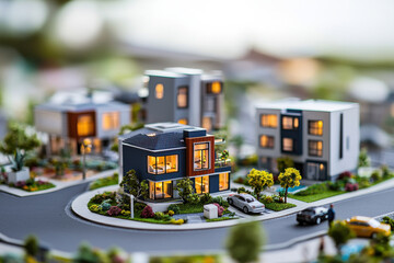 Obraz premium A miniature model of modern houses surrounded by greenery and a winding road.