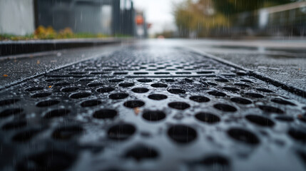 Fototapeta premium Rain falls on a black metal grate drainage system that's located on a wet asphalt road