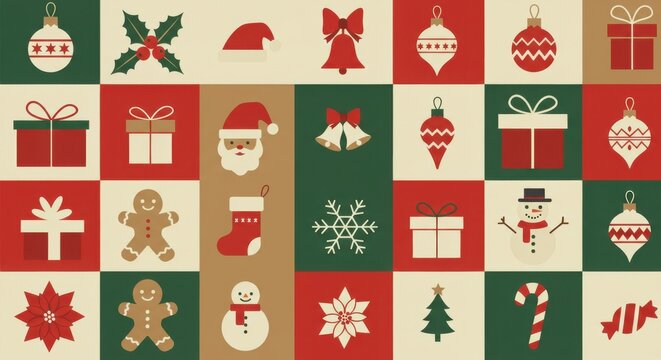 Christmas icons, geometric pattern, festive grid, retro color palette, Santa hat, holly berries, ornaments, wrapped gifts, snowman, stocking, bells, gingerbread man