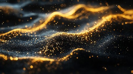 Abstract wavy flow of golden glitter and dust particles of different sizes on a black background resembling a glowing pattern