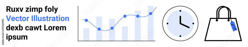 Poster line graph with data points, analog clock for time tracking, and shopping bag with tag. ideal for bu