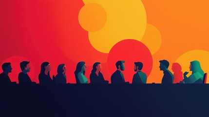 a group of people sitting at a meeting, silhouettes. representing brainstorming, collaboration and discussion.