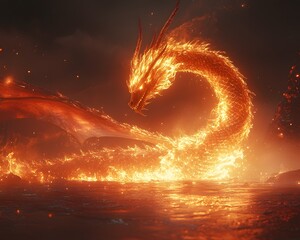 Fiery Mythical Dragon Weaving Through Intense Inferno Blaze