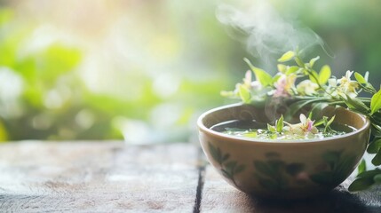 Fresh willow branches with seasonal flowers beside a steaming herbal tea, evoking nature's calm and renewal.