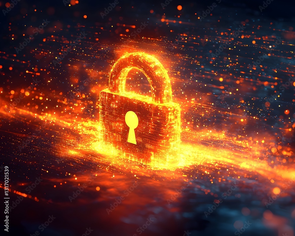 Poster glowing padlock icon surrounded by dynamic data streams representing digital security concept