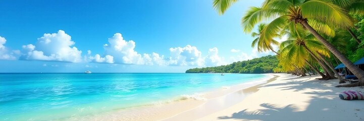 Fototapeta premium Serene beach with palm trees, sandy shoreline, and clear blue water under a sunny sky, summer, water