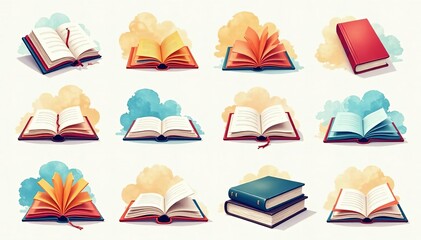 Set of editable stroke icons for book readers in various designs and colors, books, education