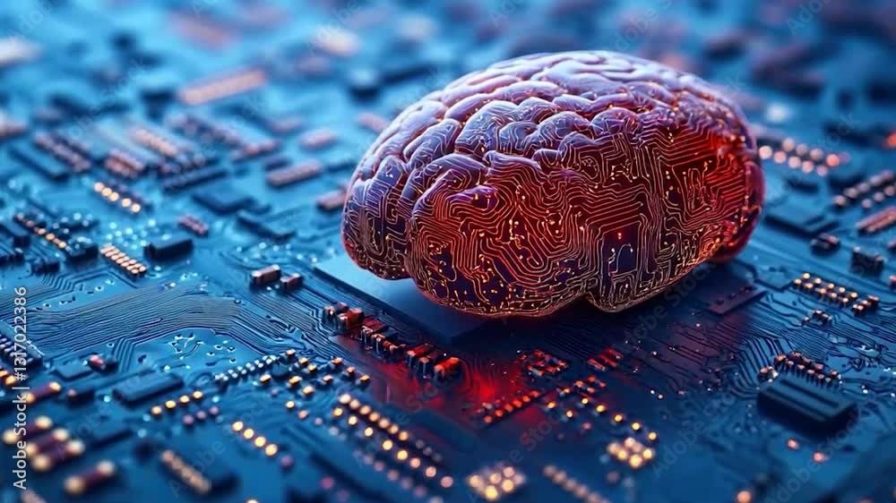 Aufkleber red digital brain microchip artificial intelligence futuristic technology cyber neural network smooth 4k video motion footage