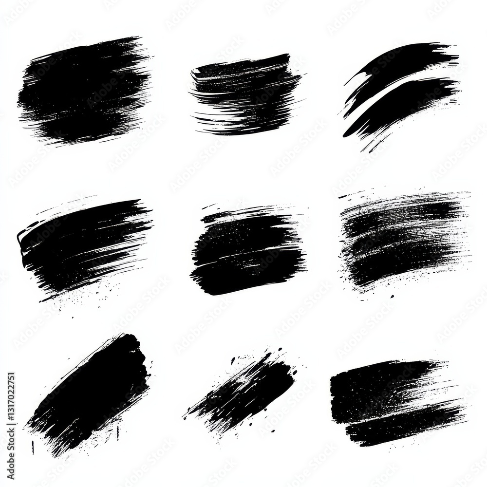 Poster black ink brush strokes collection on white background for design elements and artistic overlays.