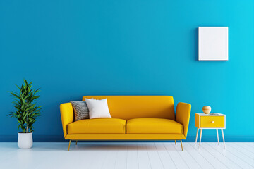 A vibrant living room featuring a yellow couch against a turquoise wall.