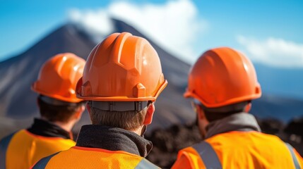 Team of Construction Workers Wearing Hard Hats Observing Scenic Mountain Landscape Under Clear Blue Sky