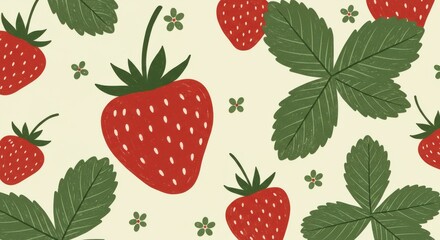 Vibrant strawberry illustration, whimsical pattern, textured background, green leaves, hand-drawn style, cheerful colors, scattered flowers, botanical art, vintage poster