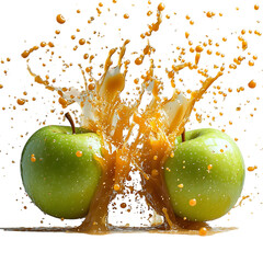 Green Apples and Caramel Drops Splashing with Orange Juice Isolated on Transparent Background