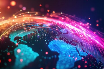 Planet earth glowing with data flowing around, showing global communication network